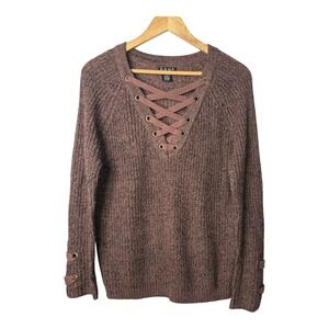 POOF New York Brown Knit Sweater Lace‎ Up Long Sleeve Pullover Women Size Small